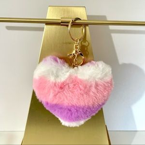 Heart Shape Pom Pom Keychain - Purple/Pink/White Stripes
